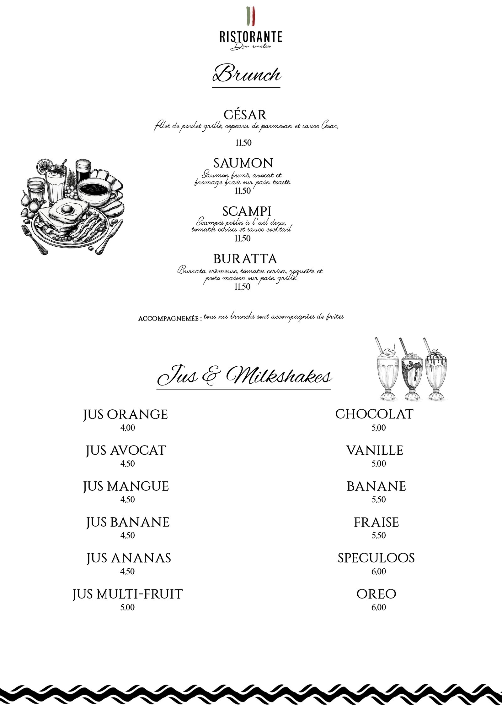 Menu Brunch, Jus et Milkshakes