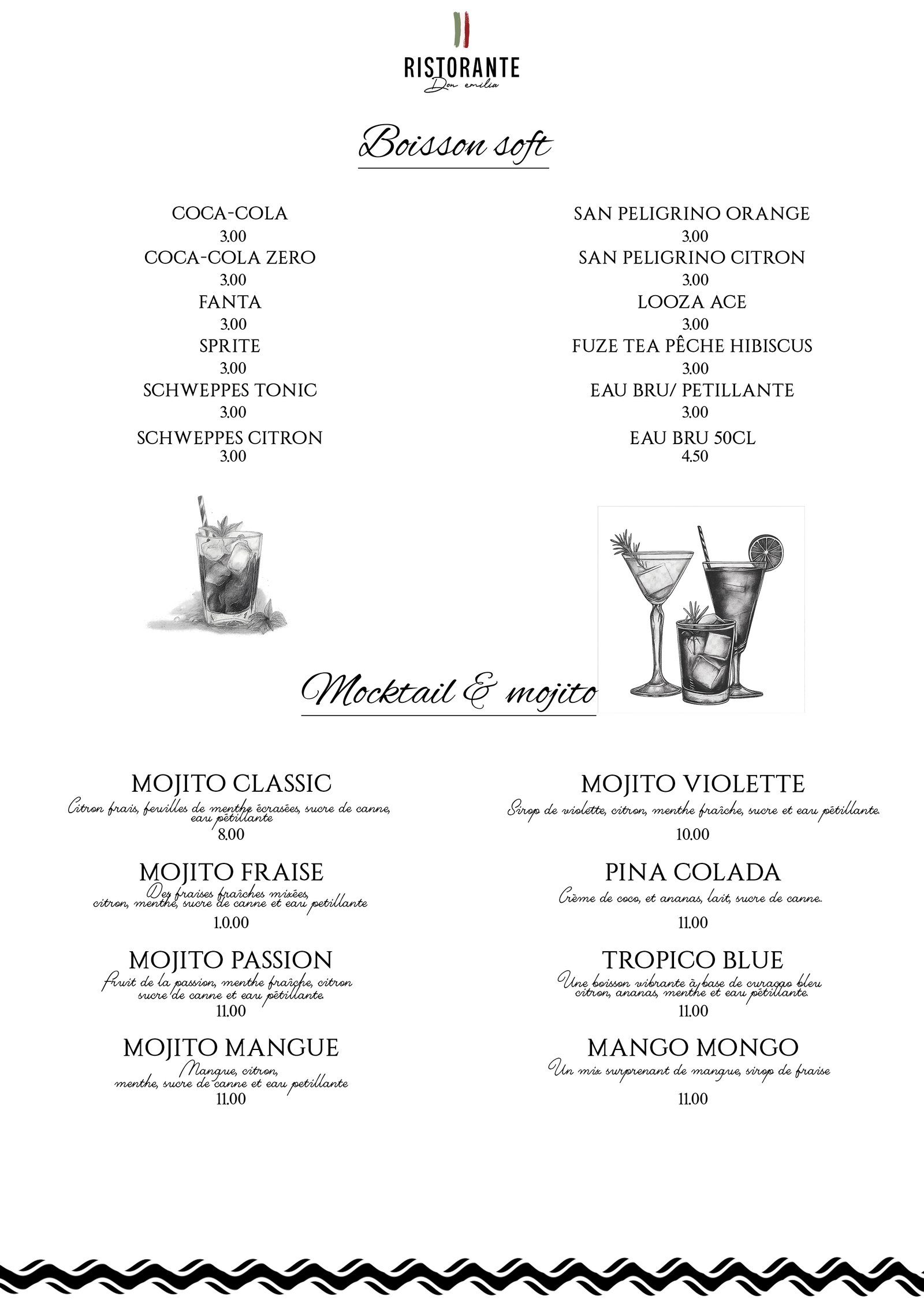 Menu Boissons Soft et Mocktails
